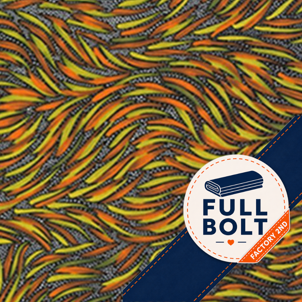 A close-up of a patterned fabric with flowing wavy lines in orange, yellow, olive green, and dark gray/black, with a navy diagonal band and a circular 'FULL BOLT FACTORY 2ND' badge over the lower right area.