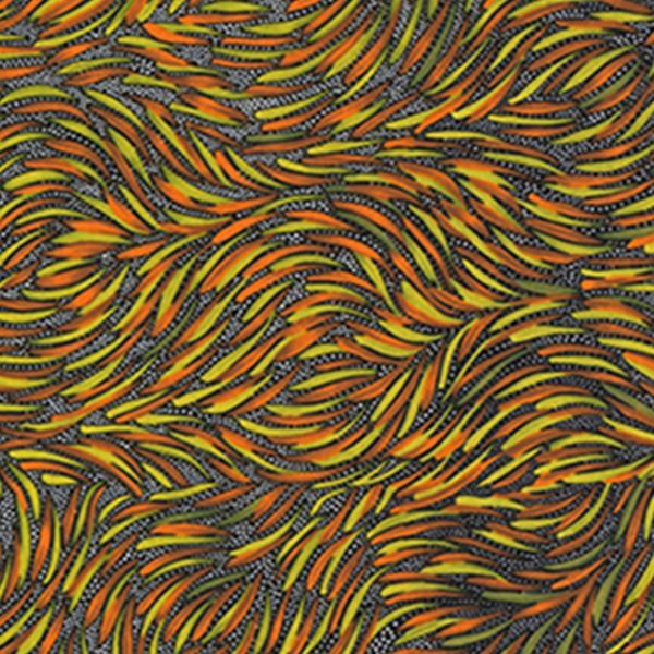 A close-up of a repeating abstract pattern made of flowing, wavy lines in orange, yellow, green, and black, arranged in a dense, textured design.