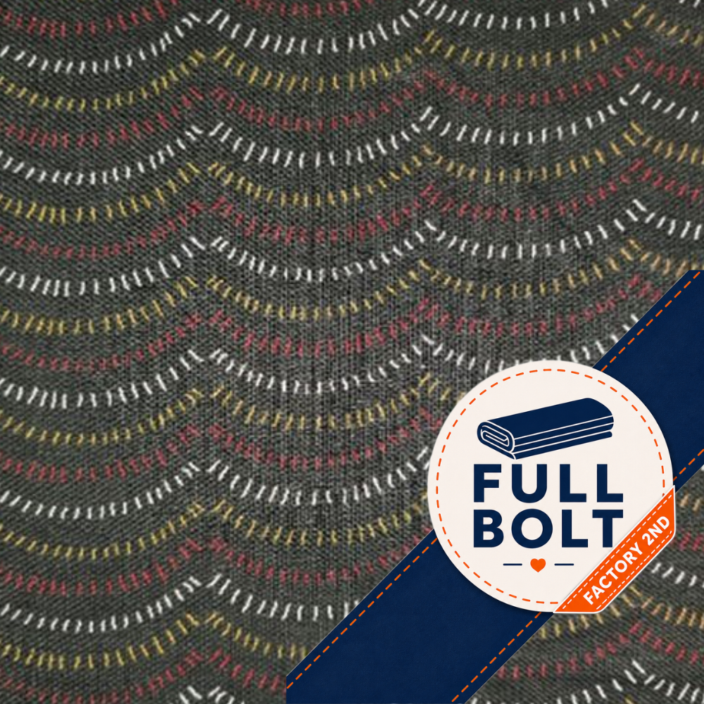 A close-up of a fabric with a dark gray base and repeating wavy stitched lines in white, yellow, and red. A blue diagonal banner with a circular 'FULL BOLT FACTORY 2ND' logo overlays the lower right area.