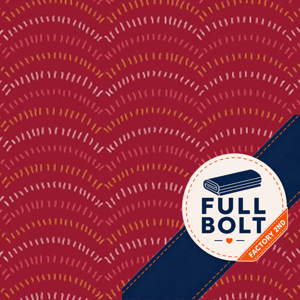 A close-up of a fabric pattern featuring repeating rows of white and mustard yellow dashed arches on a deep red background, with a navy blue diagonal band and a circular 'FULL BOLT FACTORY 2ND' label in the lower right.