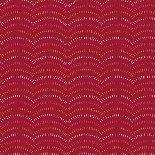 A repeating scallop or wave pattern in deep red, with rows of small white and warm orange curved dashes.