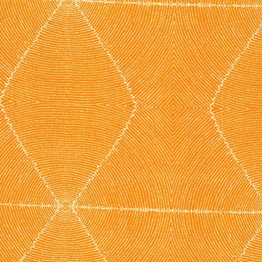 A close-up of a textured fabric pattern featuring a warm orange base with a repeating white geometric design of radiating lines and diamond shapes.