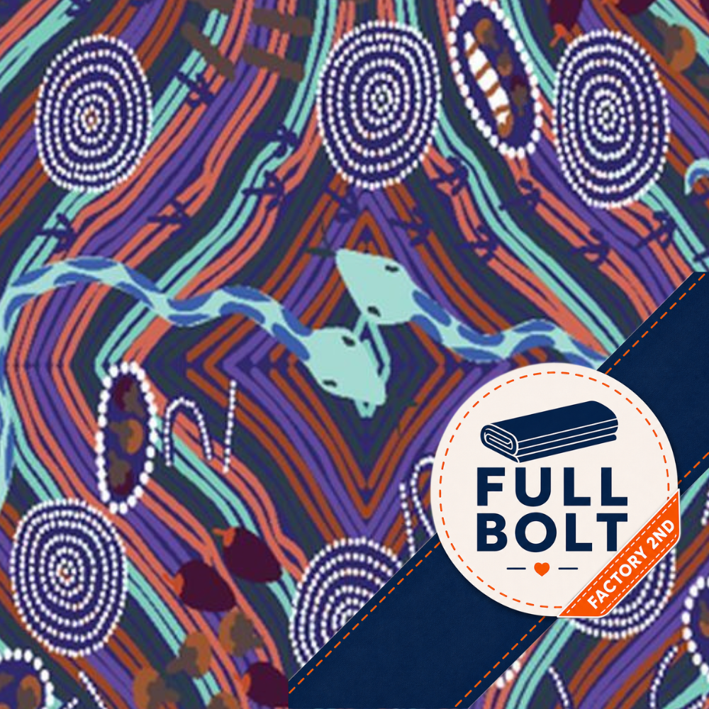 A close-up of patterned fabric with abstract circular, zigzag, and wavy motifs  and snakes in purple, teal, orange, cream, and navy. A circular badge reading FULL BOLT and Factory 2nd appears in the lower right over a navy fabric section.