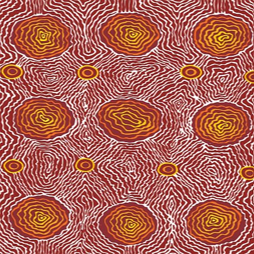 A repeating abstract pattern with concentric orange and yellow circular motifs over a red and white wavy background.
