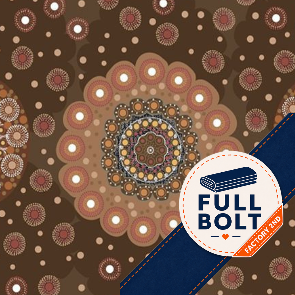 A close-up of a fabric pattern featuring an intricate circular Aboriginal mandala design in earthy brown, beige, and muted red tones, overlaid with a blue diagonal banner and a white circular 'FULL BOLT' logo badge.