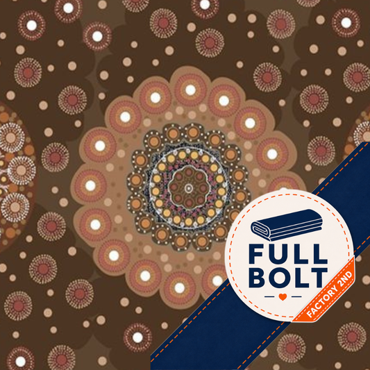 A close-up of a fabric pattern featuring an intricate circular Aboriginal mandala design in earthy brown, beige, and muted red tones, overlaid with a blue diagonal banner and a white circular 'FULL BOLT' logo badge.
