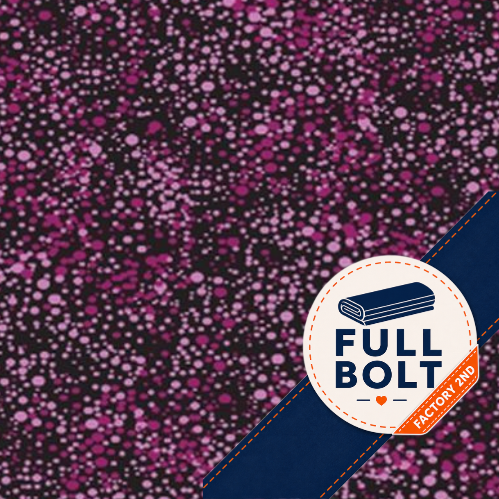 A close-up of a fabric pattern with dense small dots in pink, magenta, and purple on a very dark background, plus a blue diagonal banner with a circular 'FULL BOLT FACTORY 2ND' logo in the lower right.