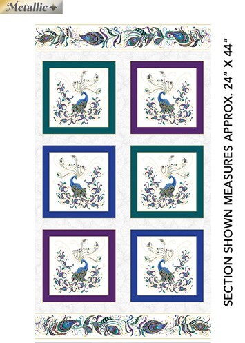 A quilting fabric panel featuring six square panels with peacock and floral motifs, bordered by matching decorative bands. The sheet includes text indicating a metallic finish and dimensions of 24 inches by 44 inches.