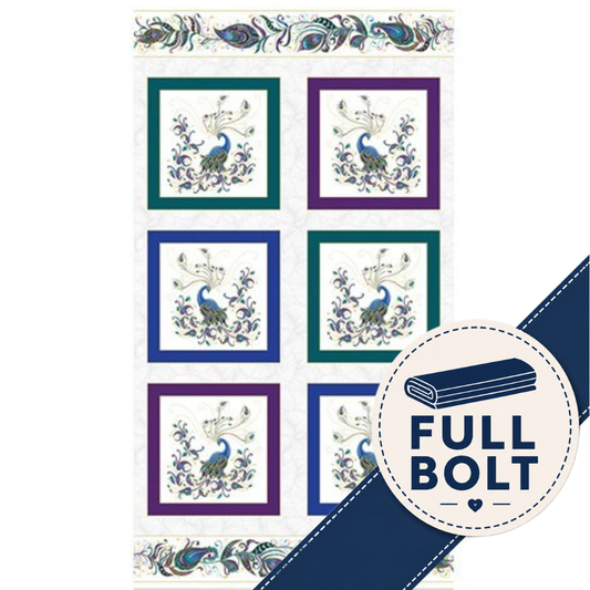 A fabric panel featuring peacock and floral block pattern in teal, purple, and blue on a white background, with a navy blue 'FULL BOLT' label overlay in the bottom right corner.