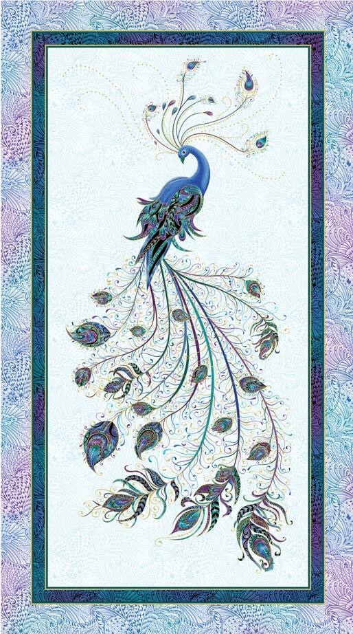 A decorative fabric panel featuring an ornate peacock with a long, flowing feather tail in shades of blue, teal, and purple, set against a white background with a patterned border.