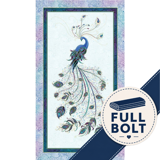 A rectangular fabric panel featuring a peacock illustration with a long feathered tail in blue, teal, and cream tones, surrounded by a decorative border. A navy diagonal banner with white stitching crosses the lower right, and a circular badge reads 'FULL BOLT'.