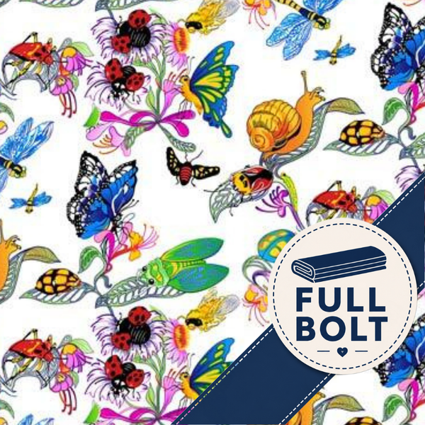 A close-up of a white fabric or material printed with a colorful insect and floral pattern, including butterflies, ladybugs, bees, flies, and flowers. A navy diagonal band and a circular badge reading FULL BOLT are overlaid in the lower right.