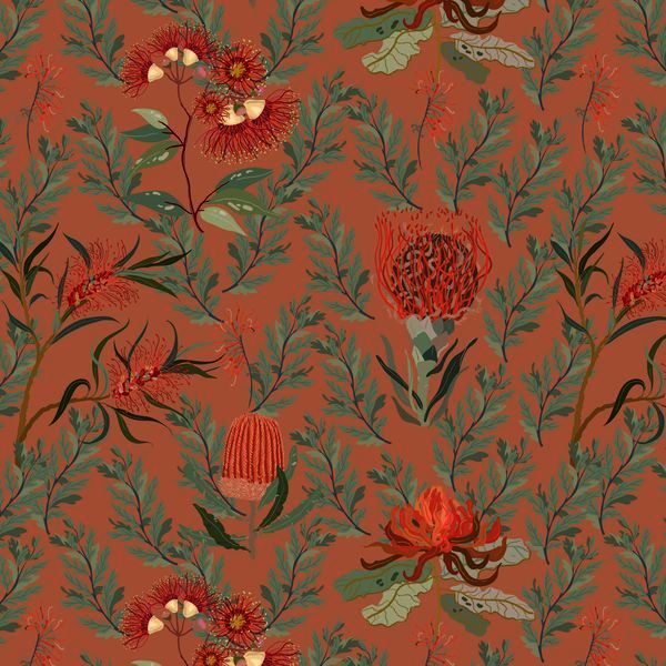 A repeating botanical fabric pattern featuring red and orange flowers with green leaves on a warm rust-orange background.