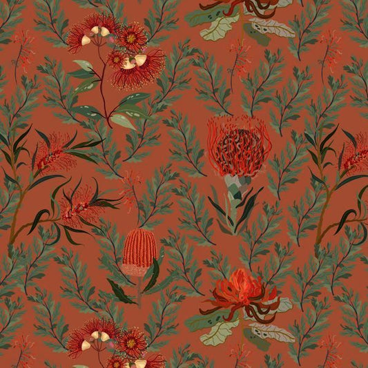 A repeating botanical fabric pattern featuring red and orange flowers with green leaves on a warm rust-orange background.