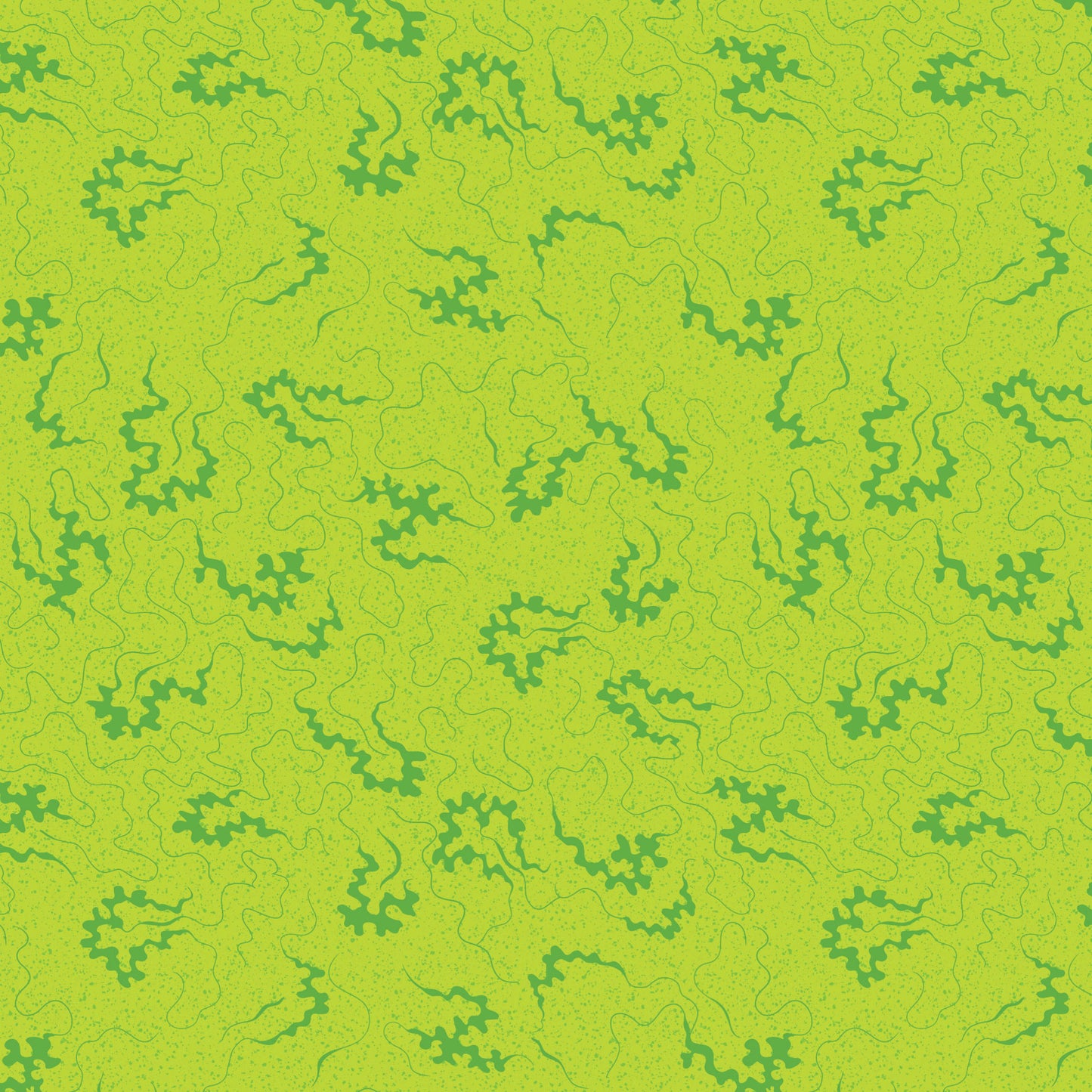 A repeating abstract pattern of dark green wavy and branch-like motifs on a bright yellow-green background.