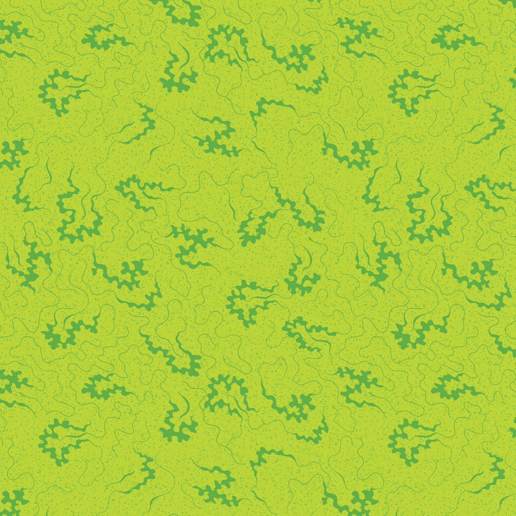 A repeating abstract pattern of dark green wavy and branch-like motifs on a bright yellow-green background.