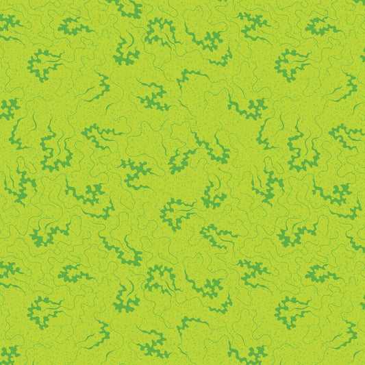 A repeating abstract pattern of dark green wavy and branch-like motifs on a bright yellow-green background.