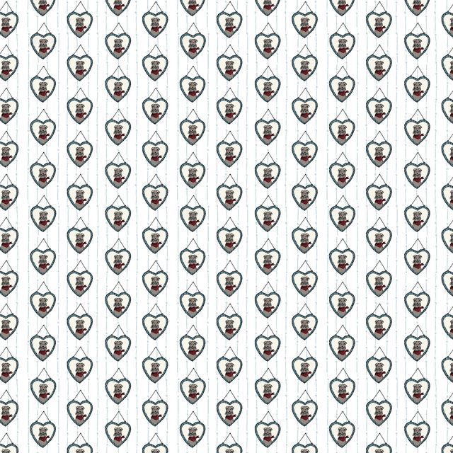 A repeating pattern of small shield-shaped badges featuring a puppy dog on a white background with thin vertical gray stripes. Each badge has a dark gray border, a red top section, and a beige lower section with a small emblem in the center.