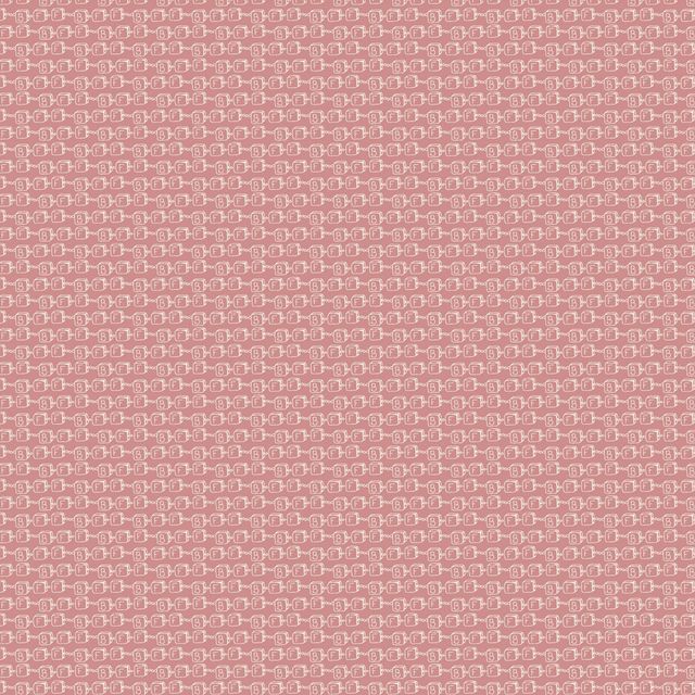 A close-up of a dusty pink woven fabric with a repeating pattern of small white and light pink geometric shapes with BFF written on them