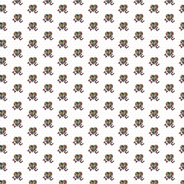 A repeating pattern of small multicolored love heart mosiacs with I and U either ide of a heart arranged in rows on a white background with a faint light gray dotted texture.