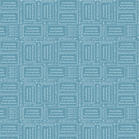 A repeating pattern of blue and white vintage-style ticket designs with the phrase 'Some friends are made without words, but they all need time.'.