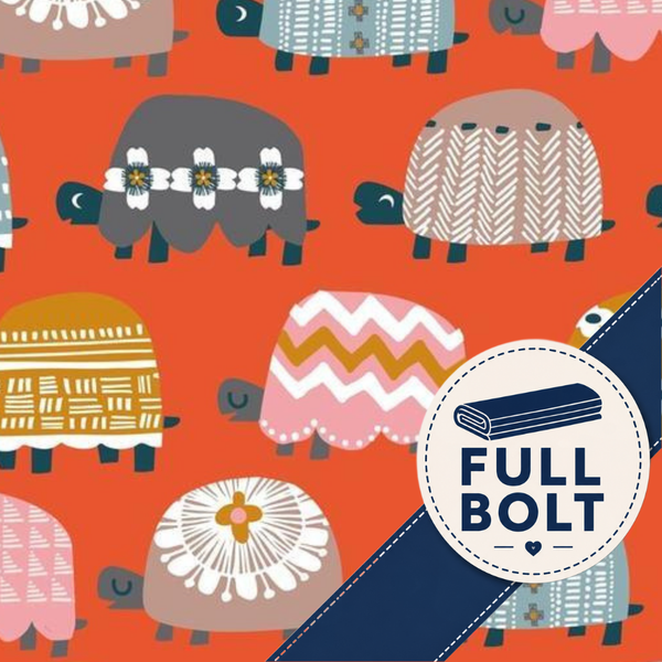 A repeating pattern of stylized cartoon sheep in pink, gray, beige, yellow, and blue on a bright orange background, with a circular badge reading FULL BOLT and a navy diagonal banner across the lower right.