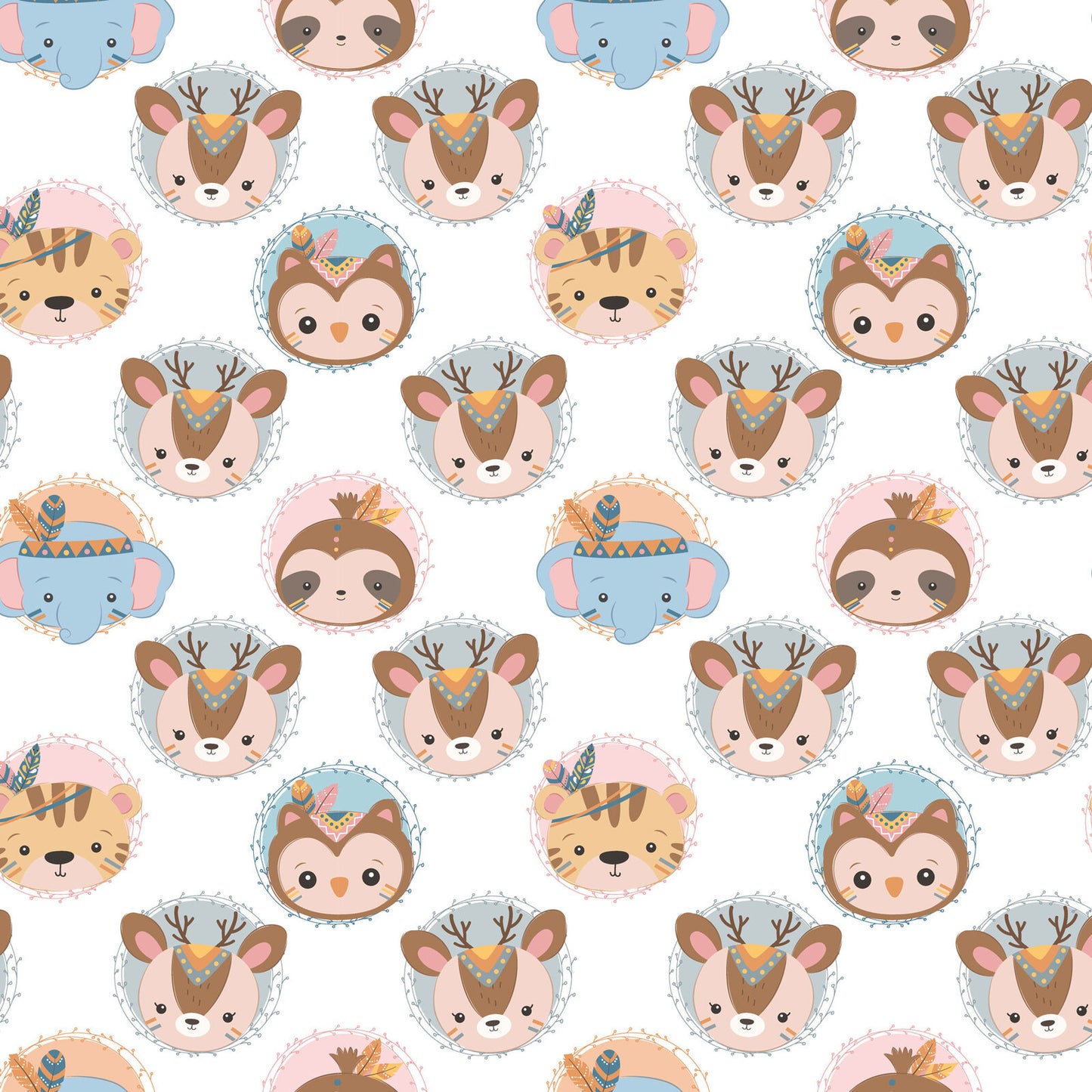 A repeating pattern of cute cartoon animal faces on a white background, including deer, sloths, and a blue elephant wearing a feathered headdress.