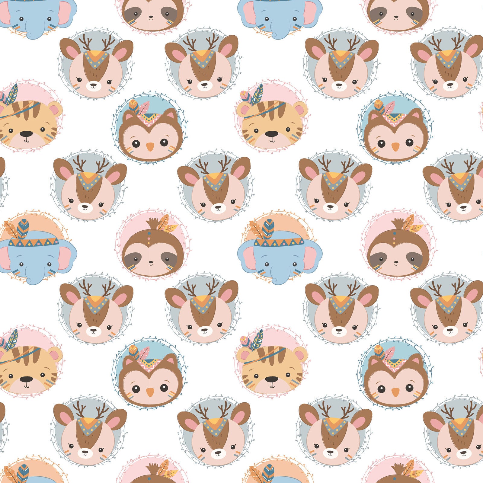 A repeating pattern of cute cartoon animal faces on a white background, including deer, sloths, and a blue elephant wearing a feathered headdress.