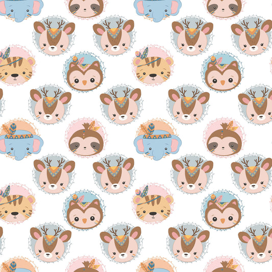 A repeating pattern of cute cartoon animal faces on a white background, including deer, sloths, and a blue elephant wearing a feathered headdress.