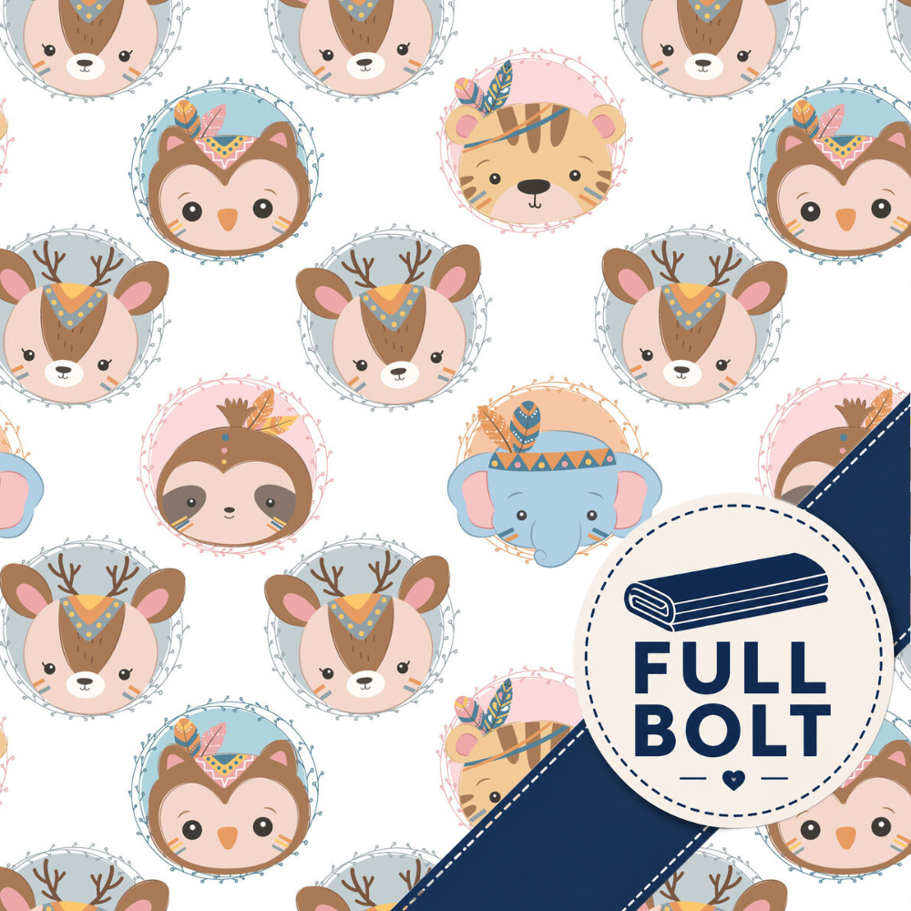 A repeating pattern of cute cartoon animal faces including deer, fox, owl, sloth, elephant, and tiger, each wearing small feather headbands. A large navy diagonal banner with a circular badge reading 'FULL BOLT' overlays the lower right area.