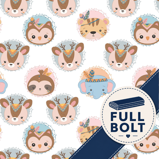 A repeating pattern of cute cartoon animal faces including deer, fox, owl, sloth, elephant, and tiger, each wearing small feather headbands. A large navy diagonal banner with a circular badge reading 'FULL BOLT' overlays the lower right area.