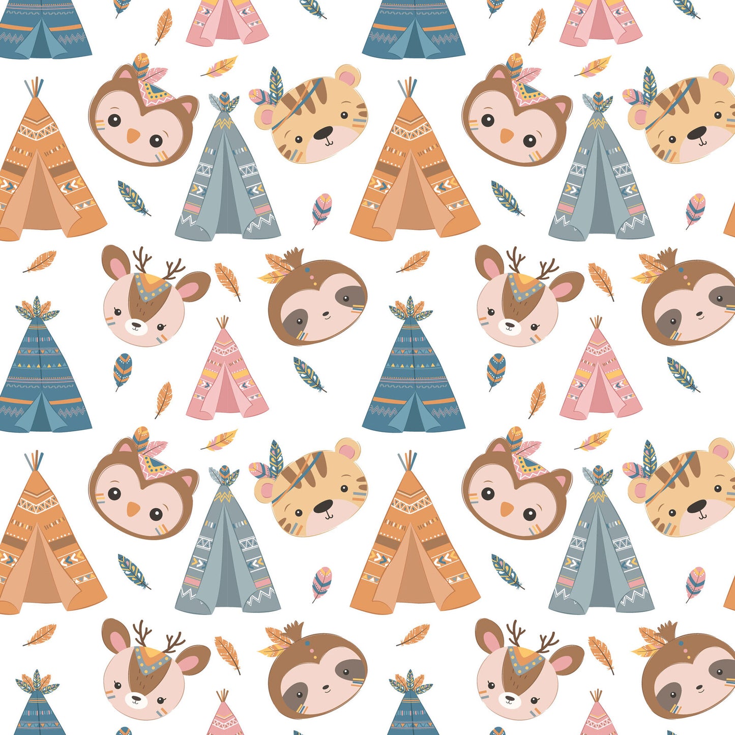 Pattern of cartoon animal faces and teepees on a white background