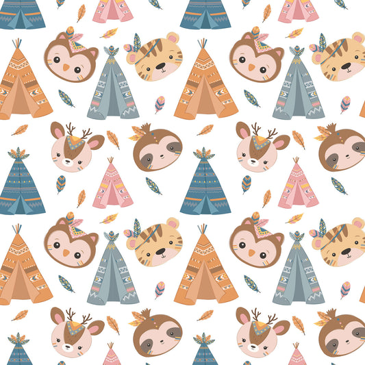 Pattern of cartoon animal faces and teepees on a white background