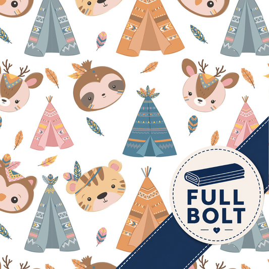 A repeating illustrated pattern of woodland animals and teepees on a white background, with a navy diagonal banner in the lower right and a circular badge reading 'FULL BOLT'. This appears to be a decorative print or pattern preview rather than a photographed physical product, so subject_type is Other.