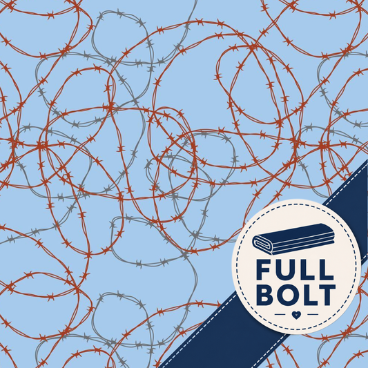A fabric showing a repeating pattern of red and gray barbed wire over a light blue background, with a dark navy diagonal band and a circular badge reading "FULL BOLT" in the lower right.