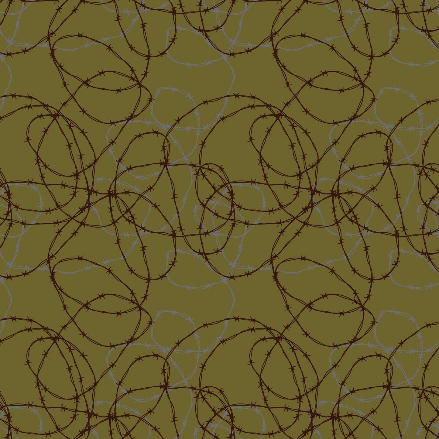A repeating pattern of dark brown barbed wire loops and tangled wire lines over an olive green background.