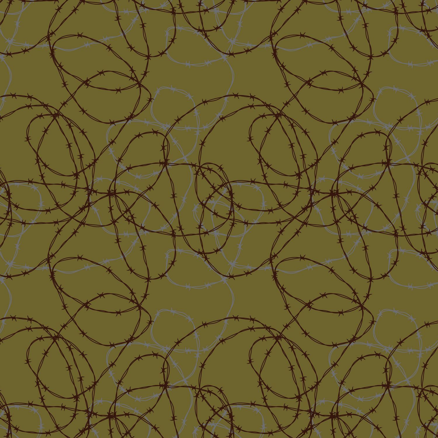 A repeating pattern of dark brown barbed wire loops and tangled wire lines over an olive green background.