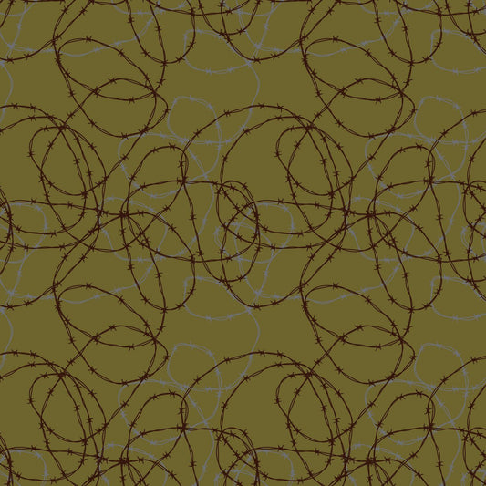 A repeating pattern of dark brown barbed wire loops and tangled wire lines over an olive green background.