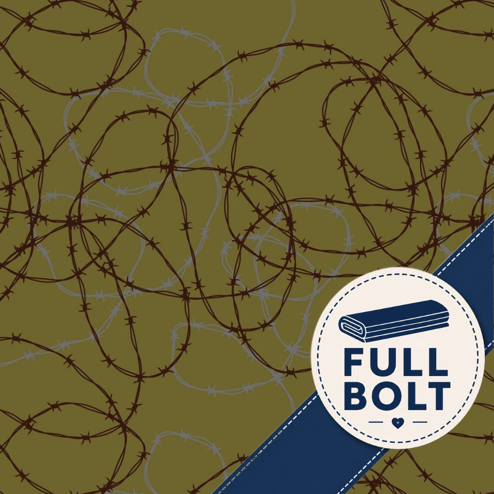 A close-up of olive green material with an allover pattern of dark brown barbed wire, plus a blue diagonal band and a white circular badge reading FULL BOLT with a rolled barbed-wire coil icon.