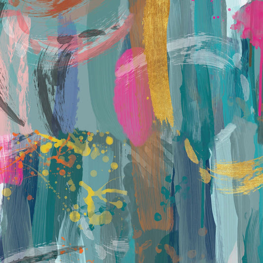 Abstract painted artwork with layered vertical brushstrokes and splatters in teal, aqua, pink, blue, white, gold, and orange.