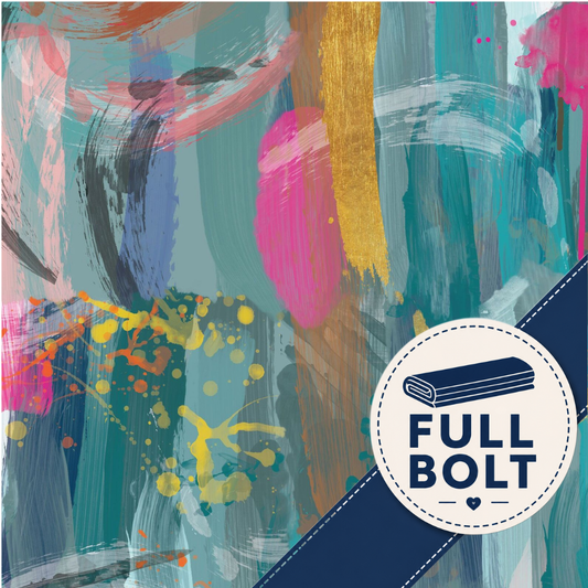 Abstract painted background with teal, pink, gold, yellow, and blue brushstrokes, plus a white circular badge in the lower right with a rolled fabric icon and the text 'FULL BOLT'.