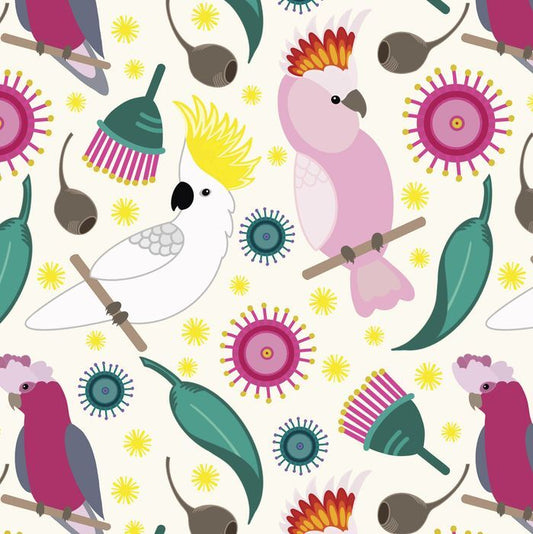 A seamless fabric illustration featuring pink and white cockatoos, green leaves, yellow flowers, and stylized pink and teal spiky motifs on a cream background.