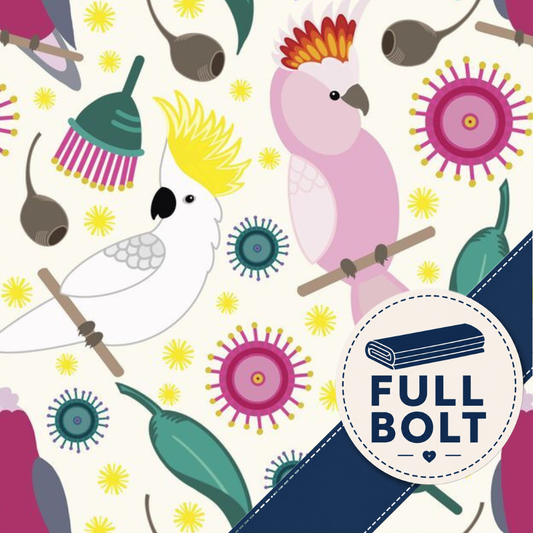 A colorful illustrated fabric pattern featuring a pink cockatoo, a white cockatoo, green leaves, pink and teal virus-like circles, and brown teardrop-shaped objects on a cream background, with a circular badge reading 'FULL BOLT' in the lower right.