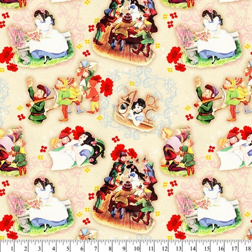 Vintage-style illustrated fabric or wallpaper pattern with repeated scenes of Snow White and the Seven Dwarfs with children, flowers, and a small ruler scale along the bottom edge showing the repeating motif.