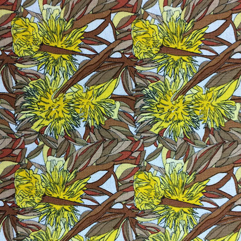 Pattern of yellow flowers and brown branches on a blue background