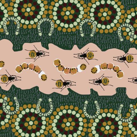 Illustration of ants on a textured surface with a geometric pattern