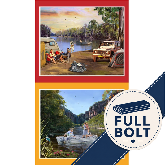 Two framed fabric blocks depicting outdoor camp and boating scenes, displayed on a white background with a navy and orange graphic banner on the right featuring the text 'FULL BOLT' and a rolled mat illustration.