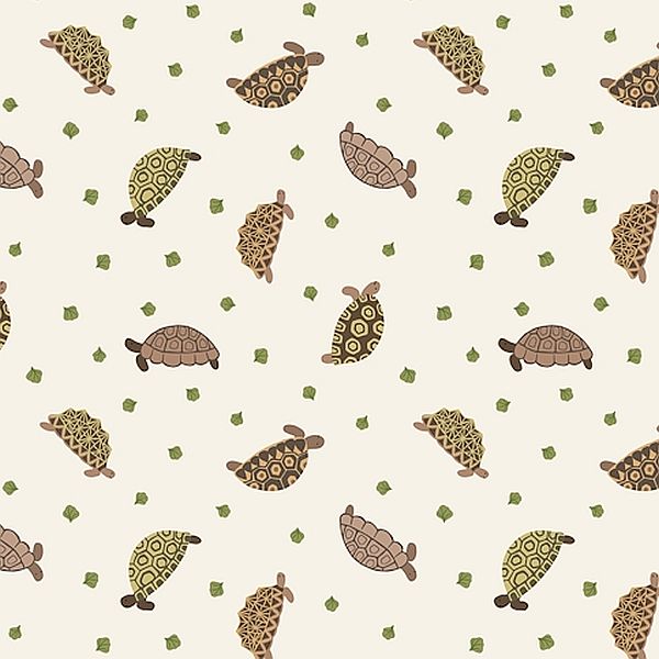 A repeating pattern of illustrated sea turtles in brown and olive green on a warm cream background, with small scattered green leaf shapes.