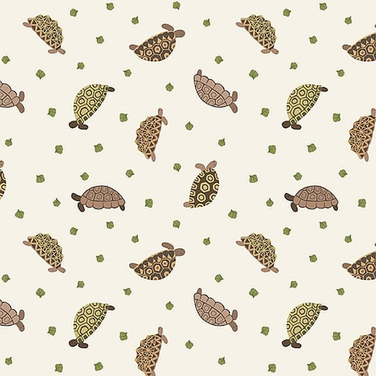 A repeating pattern of illustrated sea turtles in brown and olive green on a warm cream background, with small scattered green leaf shapes.