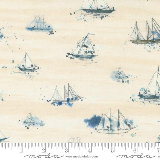 Nautical-themed fabric pattern featuring watercolor-style sailboats and blue paint splatters on a light beige background, with a measuring ruler along the bottom edge showing the scale.